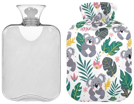2L große klassische Wärmflasche mit Bezug, süßer Koala und tropische Blätter, Wärmbeutel für Handfüße, Bettwärmer, Nacken, Schultern und Beine, Schmerzlinderung, Menstruationskrämpfe