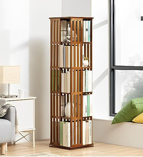 360° drehbares Bücherregal aus Holz, Aufbewahrung für Wohnzimmer, Schlafzimmer, Heimbüro, hohes drehbares Bücherregal mit 5 Ebenen (braun)