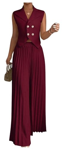 SOLY HUX Women's 2 Piece Business Outfit Button Down Lapel Collar Crop Vest Top and Pleated Pants Set Pure Burgundy Medium