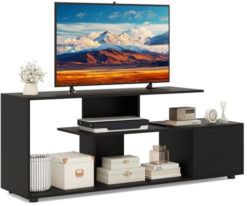 COSTWAY Mobile TV Soggiorno Fino a 55'', 3 Ripiani Asimmetrici (Nero) | Console Media con Ripiani di Stoccaggio e Armadietto, Mobile TV con Cassetto, 5 Gambe di Supporto