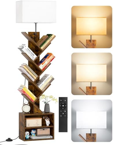 OUTONLIFE Libreria a Forma di Albero in Legno con Luce, Scaffale Autoportante a 9 Ripiani ad Angolo con Mobiletto – Libreria Salvaspazio per Libri, CD, per Soggiorno, Studio, Ufficio(Rustic Brown)