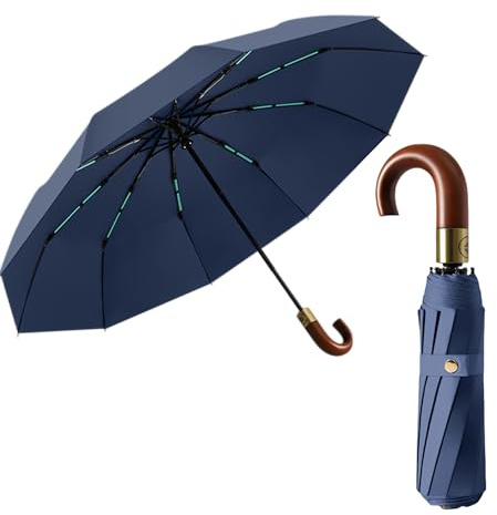 erised's bifrost Portátil Paraguas Plegable de Viaje Lujo Mango en J de Madera Real de Apertura/Cierre Automático Capa de Revestimiento/Protección UV Anti UPF 50 99,9% Paraguas de Golf Hombres