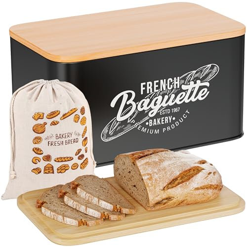 Hovea - Portapane “French Baguette” - 30 x 18 x 16 cm - Metallo & Bambù - Con Sacchetto per il Pane - Per Baguette, Pan Carré, Fette Biscottate - Contenitore Pane - Nero - BP301