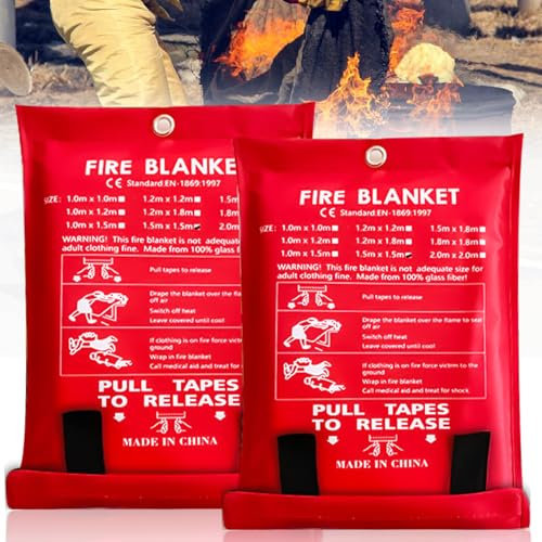 GAOUTO 2 Pezzi Coperta Antincendio 150 * 150 cm, Coperta Antifuoco Riutilizzabile in Tessuto di Fibra di Vetro, Design Sicuro Coperta per Cucina, Camino, Barbecue, Auto, Campeggio, Casa, Caravan
