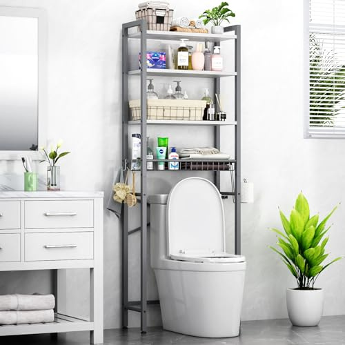 Kalrin Toilettenregal, 4-stufiges Verstellbares Multifunktionsregal für das Bad, Regal Über der Toilette mit Aufbewahrungskörben, Platzsparendes WC-Regal, Leicht zu Montieren (Grau & Weiß)