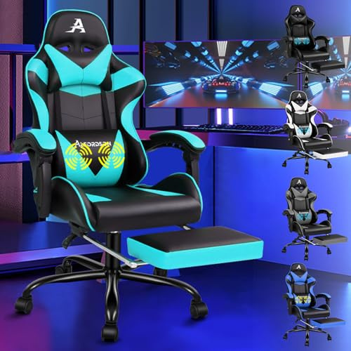 ALFORDSON Gaming Stuhl Massge Videospielstuhl, ergonomischer Bürostuhl, Schreibtischstuhl, Neigungswinkel 90°-150°, höhenverstellbarer PC-Stuhl, 180 kg Tragkraft, PU-Leder, 360° Drehstuhl, Cyan