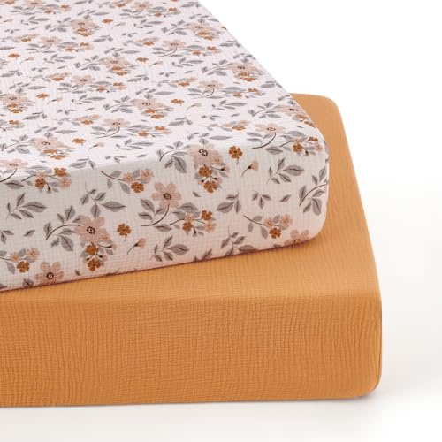 TILLYOU Musselin Spannbettlaken 2er Set Bettlaken Kinderbett 70x140 cm 100% Baumwolle Spannbettlaken Baby, Gelber Jasmin