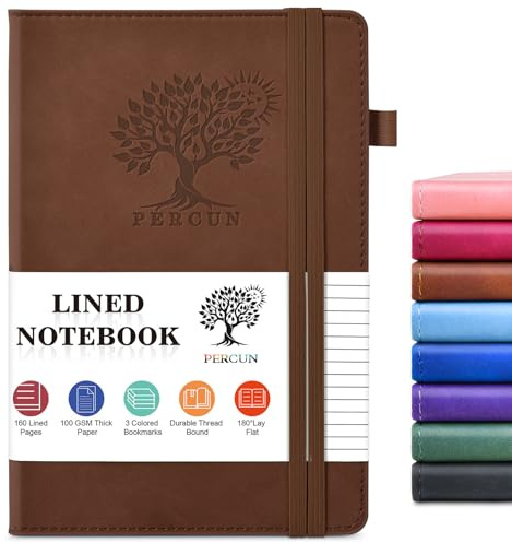 PERCUN Lined Journal Notebook for Men & Women, 160 Pages College Ruled Journal for Writing, A5 Hardcover Leather Notebooks for Work, School, Business, Travel, Daily Diary 5.9 x 8.5 (Brown)