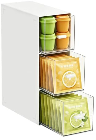 LZLINGMEI 3 Tier Plastic Tea Box, Easy Access Tea Box Organiser, 3 Drawers Tea Bag Holder Organizer for Cosmetic Sugar Coffee Sachets Pantry Caddy (White)