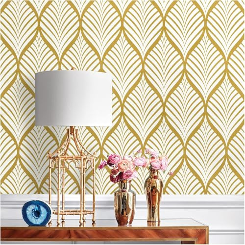 Selbstklebende Tapete Weiß Gold, 44.5 x 1000 cm Tapete Streifen Gold Tapeten Geometrisch Klebefolie Geometrische Klebefolie Retro Möbelfolie Selbstklebend für Badezimmer Wohnzimmer Schlafzimmer Küche