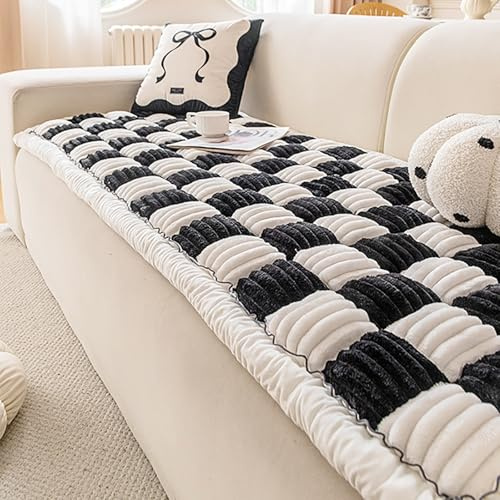 Copridivano in peluche per 1, 2 o 3 posti, grande design a scacchi, colore crema, coperta per animali domestici, ideale per cani e gatti di taglia grande (nero, 70 x 180 cm)