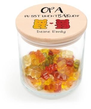 GRAVURZEILE Vorratsglas mit bedrucktem Holzdeckel - UnentBÄRlich Opa - Personalisiert mit Name - Keksdose Bonbonglas mit Deckel - Vorratsdose - Persönliches Geschenk für Opa - 530 ml