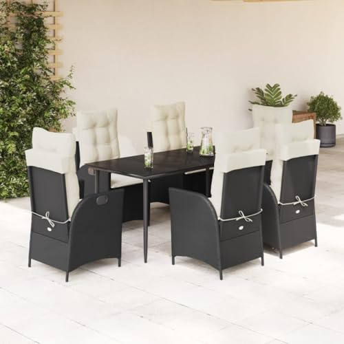 Yunovire 7-TLG. Garten-Essgruppe Schwarz Poly Rattan mit Kissen, Verstellbare Relaxsessel, 160x80cm Glastisch für Terrasse, Balkon, Außenbereich