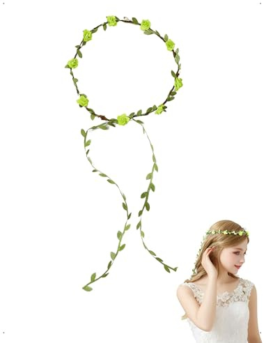 KONFEN Blumen Haarreif mit Rosen, Zarter Blumenkranz Haare Blumenkrone Haarschmuck Blumen Haarband mit Blättern Band Verstellbarem Kopfweite Stirnband Frauen Mädchen Hochzeiten Festivals Alltag Grün