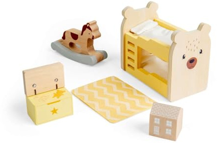 Bigjigs Toys barnsovrumsset | trädockhus möbler | tillbehör för dockhus | miniatyrdockrum lekset med träsäng, leksakskista och matta | gåvor för 3+ år gamla barn