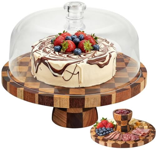 Metflavor Cake Stand with Dome Lid - 12in Wooden Cake Stand with Shatterproof Acrylic Dome, 2-in-1 Dessert Display & Charcuterie Board, Checkered Platter for Serving Cupcakes, Cheese and Fruits