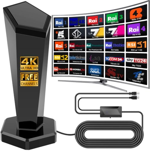 Antena de TV interior, antena de TV interna amplificada potente | Recepción 360° hasta 500 km con base magnética, soporte HD/4K/1080, apta para la recepción de canales locales