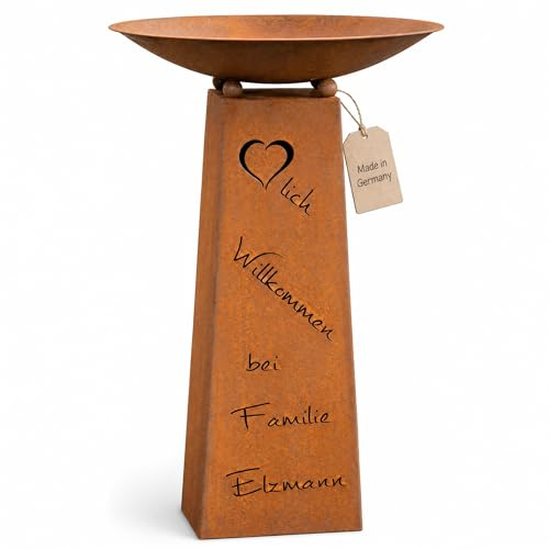 Rostikal Pflanzsäule mit Schale aus Edelrost, personalisiert mit Wunschname Herzlich Willkommen bei, Outdoor Dekosäule 100 cm, runde Pflanzschale Ø 60 cm, handgefertigt in Bayern