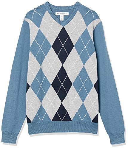 Amazon Essentials Pull à Col en V (Disponible en Grandes Tailles et Grandes Longueurs) Homme, Bleu Losanges, L