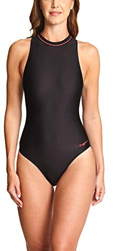 Zoggs Women's Cable Zipped High Neck One Piece Swimsuit, Black/Coral/Eco Fabric, 36-inch Size 12 UK