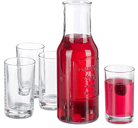 Relaxdays Juego Jarra de Vidrio con Vasos, Garrafa Cristal sin Tapa de 1,5 litros, 4 Vasitos de 200 ml, Transparente, 5 Piezas