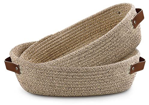 TENQUAN 2PCs Cestino Portaoggetti,Cestino Intrecciato in Corda di Cotone 34×17×10 cm con Manico in Pelle,Cesto Portaoggetti per Scaffale Armadio Decorativo Cucina Camera da Letto Bagno(Marrone Chiaro)