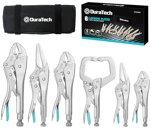 DURATECH Jeu de 6 Pinces-Étaux avec 2 Becs Longs de 16,5 cm et 24 cm, 3 Mâchoires Courbes de 12,7 cm, 17,8 cm et 25,4 cm et 1 C-clamp de 15 cm, Étui Roulable Pratique pour Bricolage et Réparation