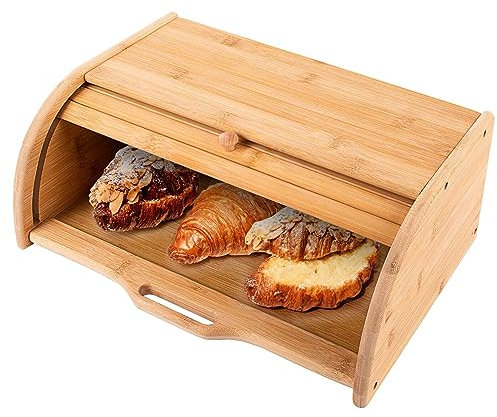 Vencier Bamboo Bread Bin with Roll-Top Lid - Wooden Kitchen Food Container Box for Loaf Storage