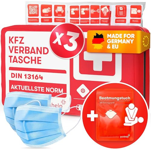 PURAHELP 3x KFZ Verbandstasche nach aktueller Norm 2025 DIN 13164 (StVO konform) - Inkl. Beatmungstuch - Erste Hilfe Set Auto Verbandskasten 2025