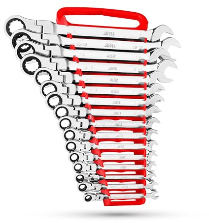 Jaeger Juego de llaves combinadas de trinquete de cabeza flexible IN/SAE de 16 piezas con estante de bloqueo, juego maestro de cabeza flexible de pulgadas con llaves de velocidad de trinquete