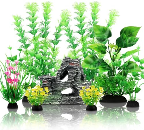 QUOZUO Decorazioni per acquari, 9 pezzi piante con vista rocciosa in resina, verde acquari piante in plastica, accessori per acquari e nascondigli