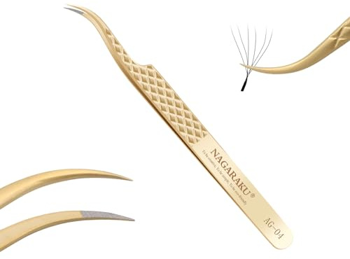 NAGARAKU Fiberspets Volym Ögonfransympning Professionell Precision Wimpertång Halkfritt Handtag Ögonfranspincett Spetsiga Krökta Pincett För Individuella Fransar Eller Lash Fans (Curved AG-04)