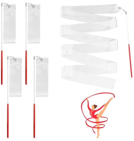 Teaaha 4er Set Weiße Gymnastikbänder Mit Stab - Rhythmische Sportgymnastik, Tanzbänder Für Kinder, Luftschlangen Stab Twirling, Ideal Für Künstlerischen Tanz, Gymnastik Und Talentshows