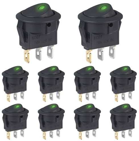 VEXUNGA Interrupteur 12V 20A Voyant Lumineux LED Vert Interrupteurs à Bascule Rond 12 Volts ON/OFF 2Positions Marche/Arret 3Broches Commutateur Bouton pour Voiture Automobile (10 Pièces)