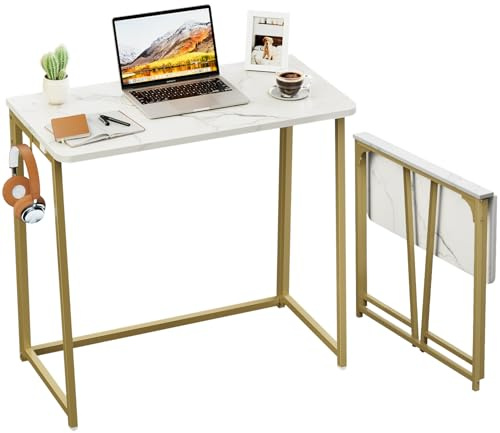 WOHOMO 80cm Hopfällbart Skrivbord, Litet Vikbart Skrivbord för Små Utrymmen, Kompakt Fällbart skrivbord för Bärbara Datorer, Gamingbord HemKontorsbord Skrivning Arbetsbord fÖr Vardagsrum,Vit och Guld