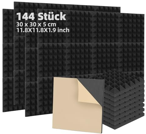 Fiqops 144 Pièces Mousse Acoustique Autocollante 30 x 30 x 5 cm, 12,96 m², Panneaux Acoustiques Pyramidaux Noirs, Mousse Anti Bruit pour Traitement Acoustique Home Studio, Podcast, Gaming