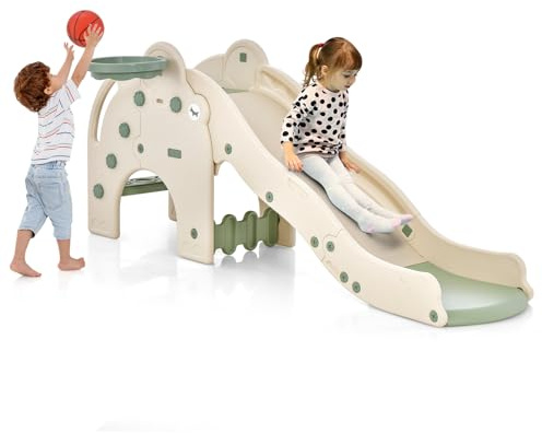 COSTWAY Tobogán Infantil con Forma de Elefante, Toboganes Infantiles 4 en 1 con Aro y Pelota de Baloncesto, Zona de Amortiguación y Escalones Antideslizantes para Niños de 18+ Meses (Verde)