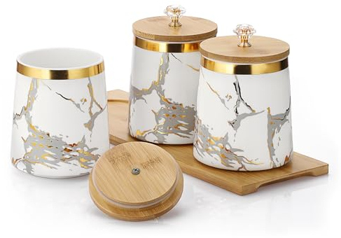 BTSKY White Ceramic Canister with Wood Lid and Tray - Airtight 3pcs Storage Canisters Food Storage Containers for Coffee Tea Sugar, Storage Pots Jars with Wood Lid and Glass Handle