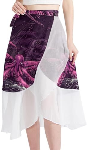 Cover Up Skirt, Women Beach Sarong, Chiffon Cover Ups for Swimwear, Octopus Sailboat Nautical Painting Art