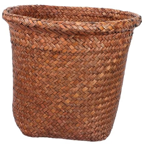 OKUMEYR Straw Woven Wastebasket Small Coffee Color Handcrafted Straw Rubbish Container Rustic Storage Basket for Office Bedroom Waste Bin