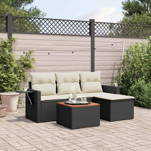 Faroom Balkon Ecklounge mit Stauraum Gartenlounge Klein Balkon Lounge Balkonsofa Kleiner Balkon Sitzecke Balkon Loungemöbel Gartensofa Ecksofa Balkonmöbel Schwarz und Creme 5-tlg-Type-A185