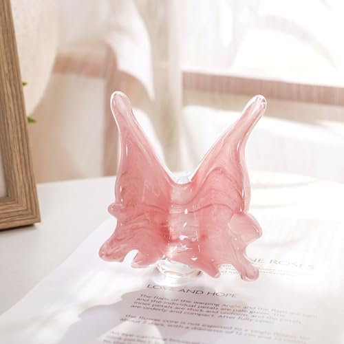 QFkris Figurines de papillon en verre soufflé, ornement moderne en verre, presse-papier animal en cristal pour décoration de la maison (rose)