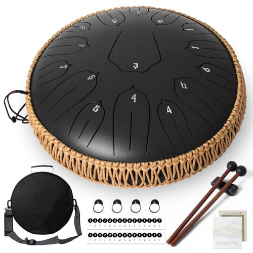Orifesio Zungentrommel 13 Zoll 15 Töne, D-Dur Steel Tongue Drum, Regentrommel mit Notenbuch, Trommelstöcken und Tragetasche, Handpan Schlaginstrument für Meditation, Yoga, Klangheilung, Schwarz