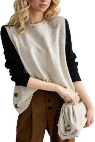 EMOTTOS Pullover Senza Maniche da Donna, Gilet in Maglia da Donna con Bottoni Laterali e Scollo Rotondo, Maglieria Vintage Morbida e Casual, Beige, Taglia Unica