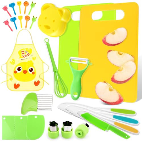 VMUTGA Kindermesser - 27 Teiliges Kinder Sicherheit Küchenmesser Set zum Schneiden Kochen mit Gemüse Ausstechformen, Holzmesser, Schneidebrett für Kleinkinder Geburtstag, Montessori Messer