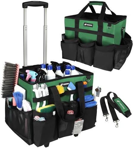 VSHXENG Large Rolling Cleaning Caddy Bag with Wheels, Cleaning Bag with Detachable Trolley, Cleaning Bags on Wheels for Housekeepers, Cleaning Cart Supplies Organizer for Home, Car, Picnic (Green)