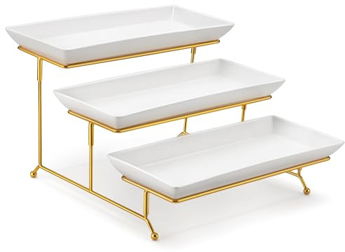 MALACASA 3 Tier Serving Trays for Party, 14 Inch Porcelain White Trays for Serving Food, Dessert Stand with Collapsible Gold Metal Rack