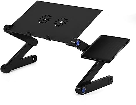 Adjustable Foldable Laptop Desk Table Stand Holder with Cooling Dual Fan Mouse Board Ideal for Home and On-the-go Use Lightweight Aluminum Alloy Black 15KG Load Capacity (Black)
