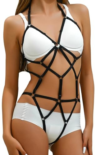 VicSec Womens Harness Lingerie Punk Gothic Full Body Strappy Cage Bra | Elastic Bondage Bodysuit Halloween Club Rave Outfits