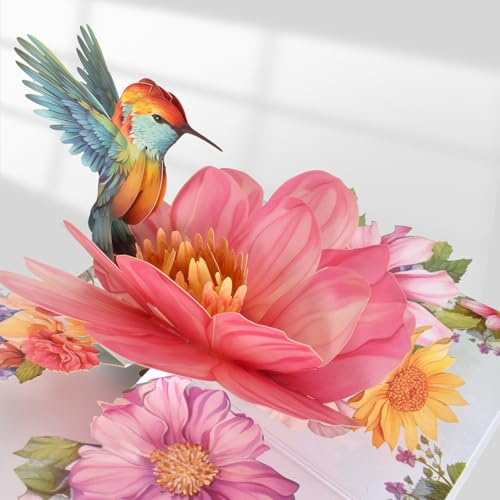 Pop Up Birthday Cards Hummingbird Hibiscu,Hummingbird 3D Greeting Cards with 1 Pink Color Changing Flower Pen,3D Birthday Cards for Women,Pop up Cards,for Birthday,Get Well, Anniversary